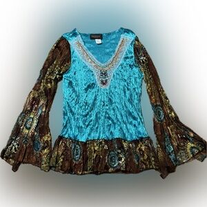 E56 Bernini Turquoise Boho Long-Sleeve Top, Size L